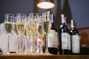 glasses with champagne on the table at the restaurant. Preparation to celebrate