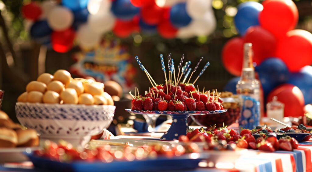 Table laid and decorated for a fourth of july garden party, featuring delicious food and drinks