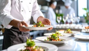 A chef finishing plating meals for a wedding