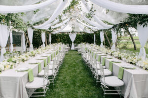Outdoor reception decorated table and linens 