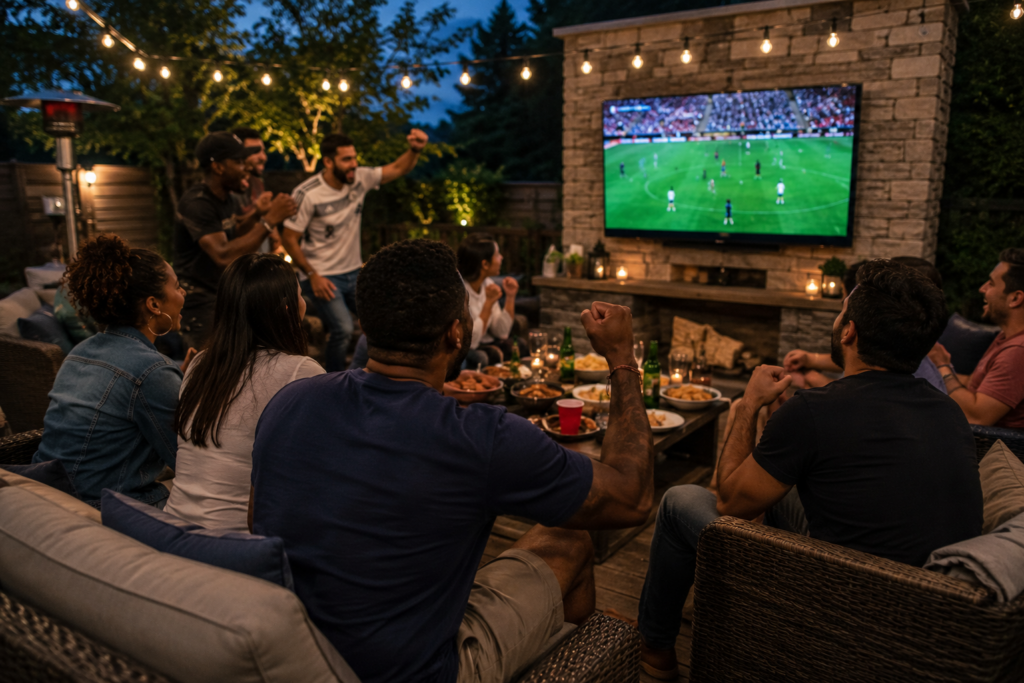 A group of soccer fans with catered food watching on the big screen