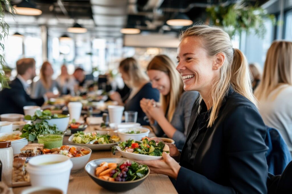 co-workers on a break smiling and laughing, enjoying a meal