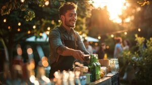A bartender setting up a drink station and an outdoor setting