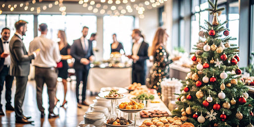 A wide shot of a holiday catering event for corporate staff.