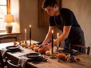 A man setting up a table with pumpkins and table settings.