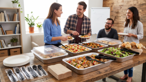 A family gathered around the table with drop-off catering